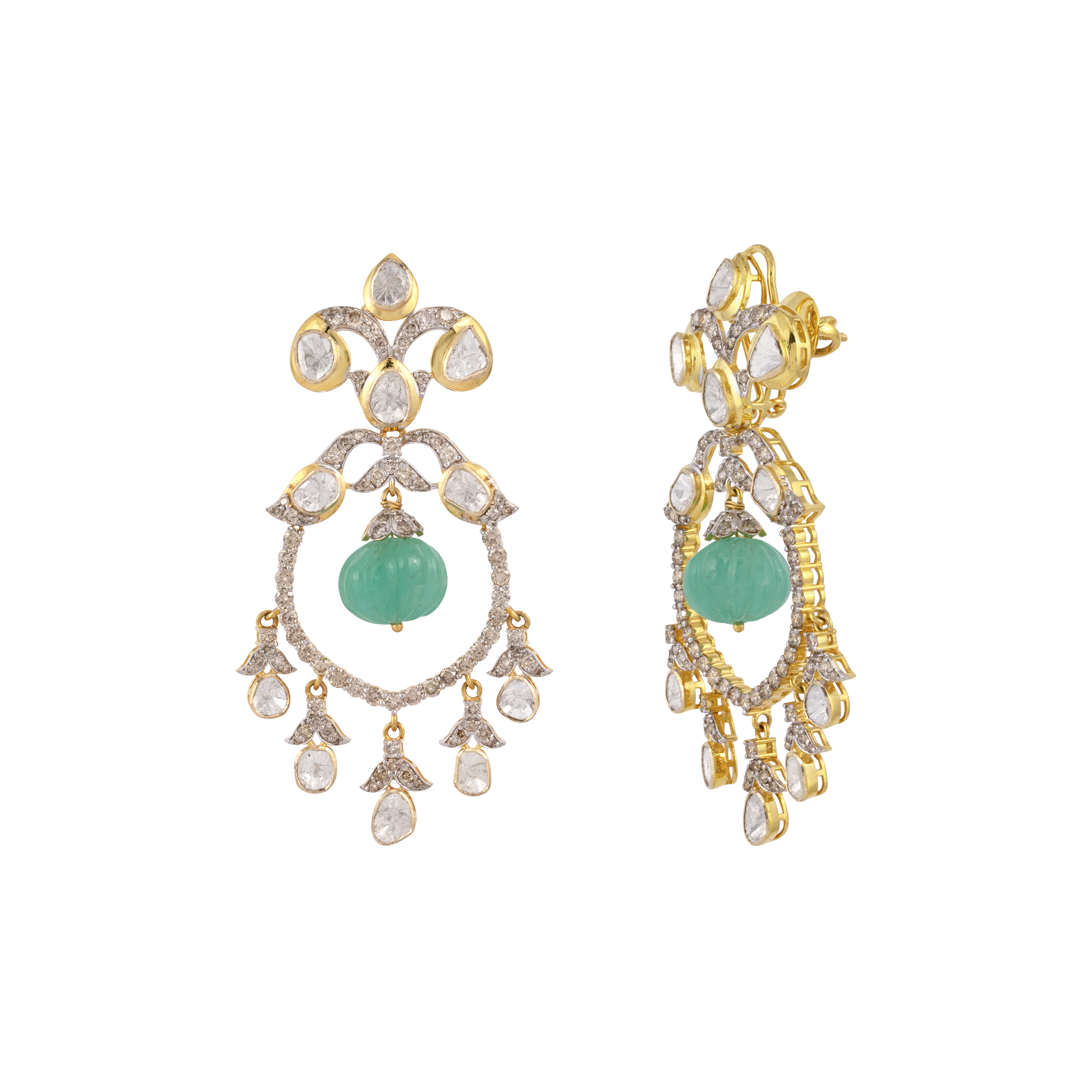 Polki Earring with Carved Emerald Melon Drop